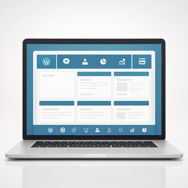 Grafika przedstawiająca etapy tworzenia strony WordPress.