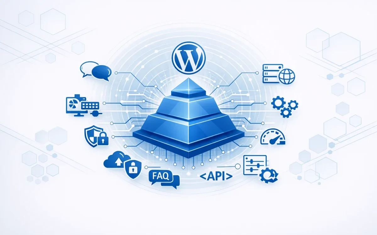 Nowoczesna grafika przedstawiająca piramidę WordPress otoczoną ikonami bezpieczeństwa, wydajności, API, integracji, motywów i wtyczek. Idealna wizualizacja usług projektowania i wdrażania profesjonalnych stron WordPress.