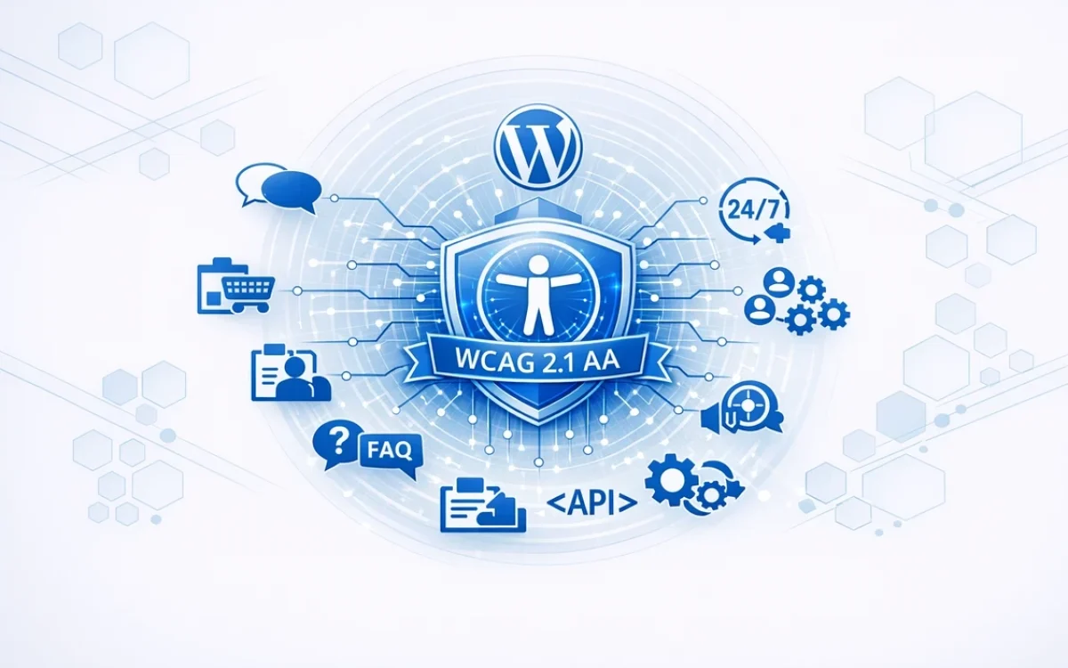Tarcza WCAG 2.1 AA z ikonami WordPress, API, FAQ i elementami dostępności