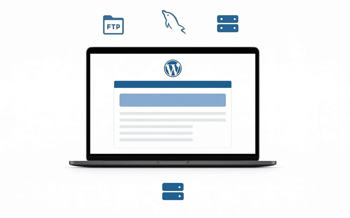 Grafika przedstawiająca proces instalacji WordPress na serwerze.